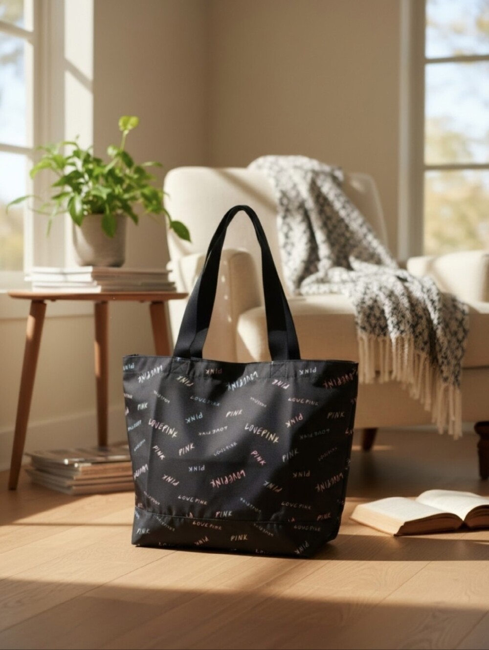 PINK Victoria's Secret Black 'Love Pink' Logo Tote